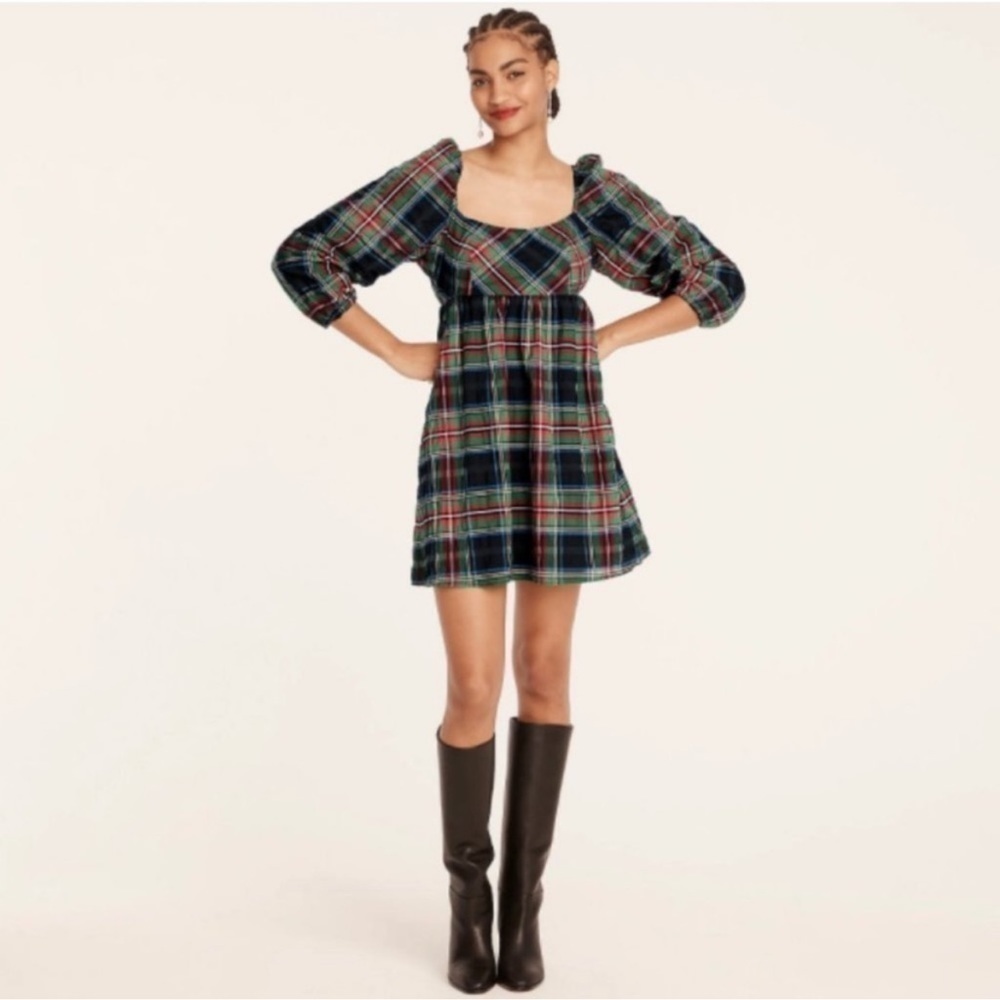 NWT J. Crew Puff Sleeve Mini Dress Stewart Tartan Plaid